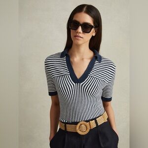 Reiss Stevie Linen Blend Striped Open Collar Polo Navy Ivory Size S Quiet Luxury